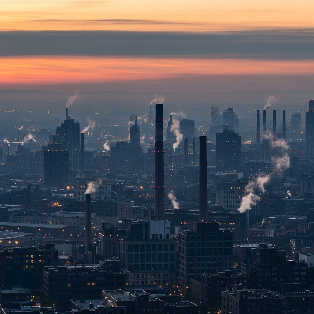 Wide landscape photograph of an industrial urban skyline at dusk with visible atmospheric haze layered above the city, conveying environmental complexity and the presence of background noise in modern settings