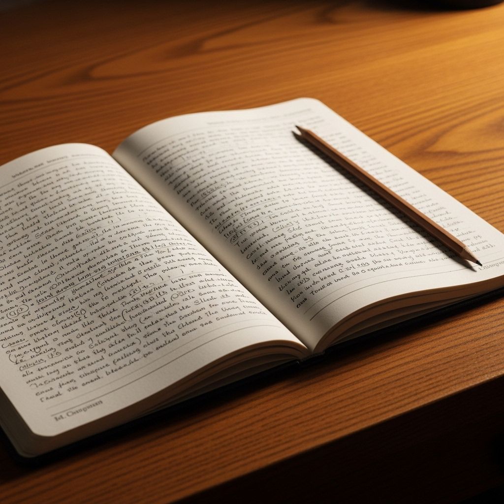 Open notebook with handwritten notes and a pencil resting beside it on a wooden desk, warm soft light, scholarly and contemplative atmosphere suggesting research and documentation