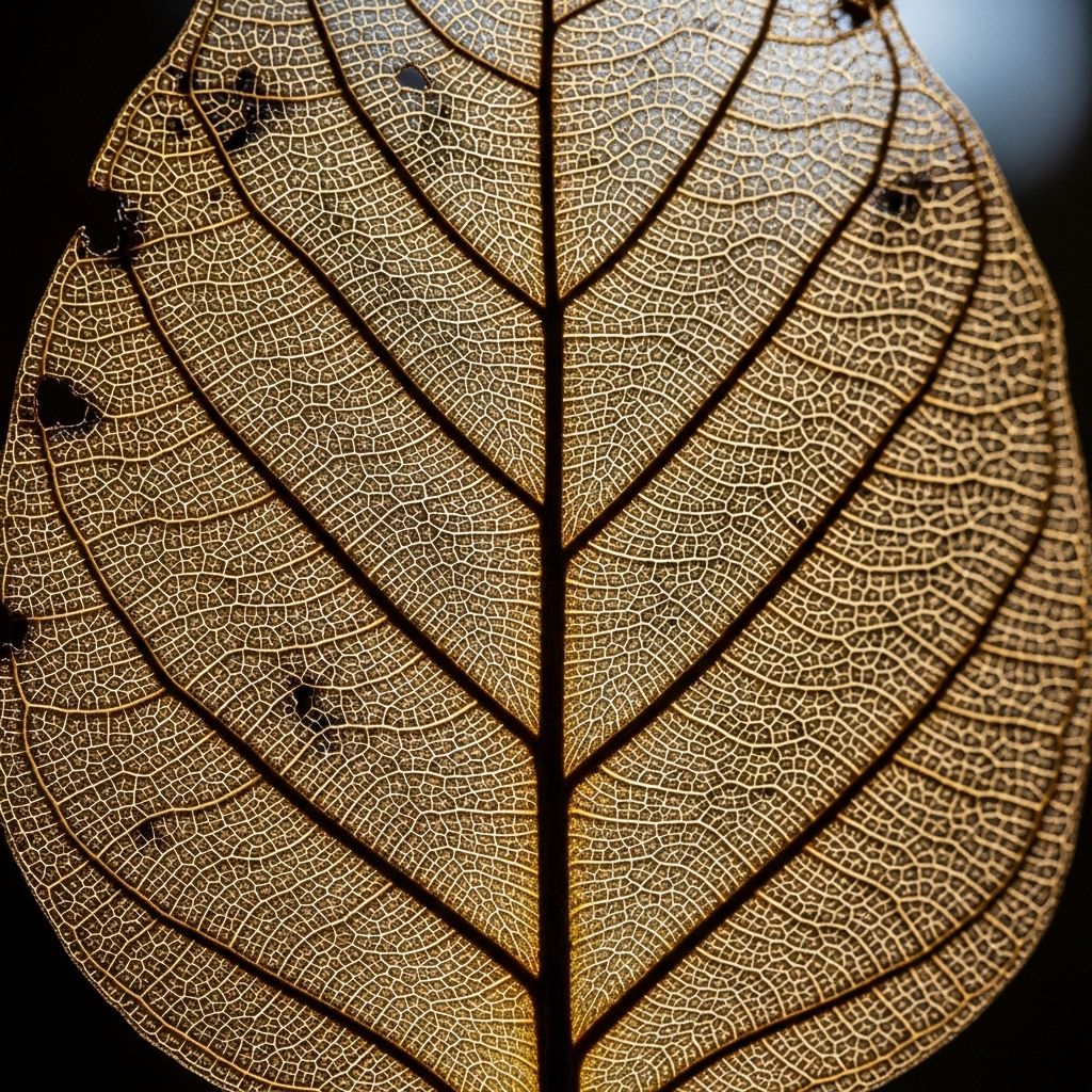 Highly detailed macro photograph of a dried leaf structure with intricate vein network illuminated by side-raking natural light, showing complex biological patterns against a dark background